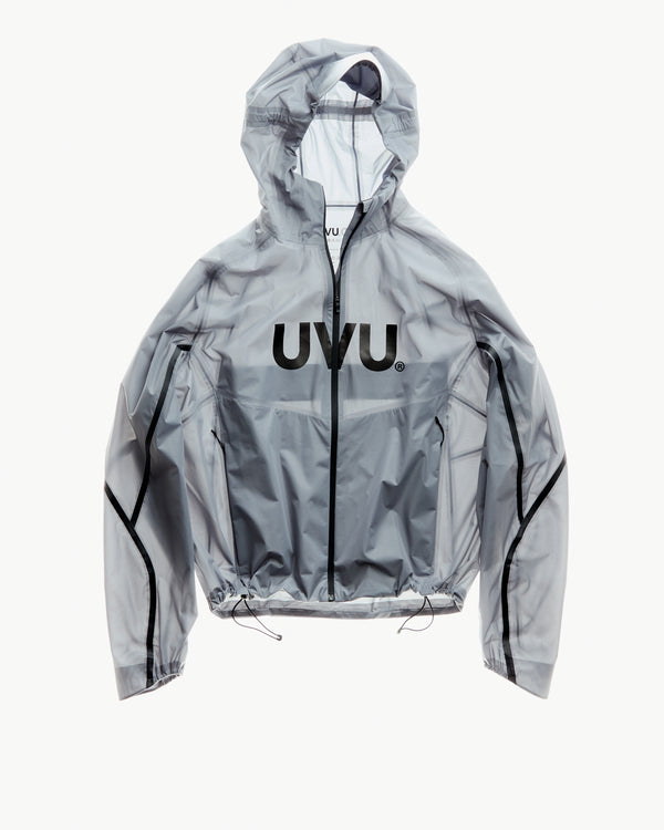 Gray transparent jacket with 'UVU' branding on a white background